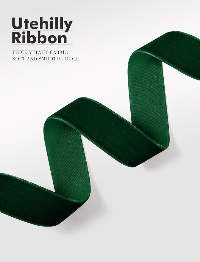Dark Green Christmas Velvet Ribbon for Tree, Gift Wrapping, Flower Bouquet, Wreath Decorations, Bow Making 1'', 25 Yards