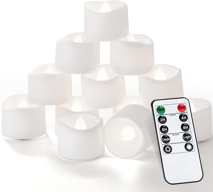 Homemory 12pcs Remote Timer LED Tea Lights Candles, 400+Hours Flickering Flameless Battery Votive Tealights for Tabletop Lighting, Centerpieces Decor, Holiday