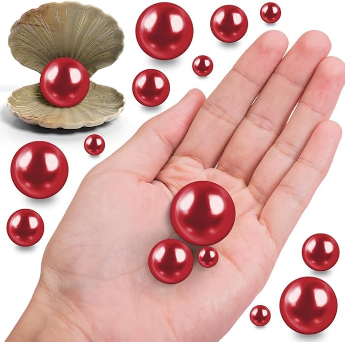 300Pcs Red Polished No Hole Faux Pearl Beads for Vase Filling Decorations, Plastic Pearls Vase Fillers, Table Scatters, Wedding Centerpiece, Home Decor, 8/14/20 mm
