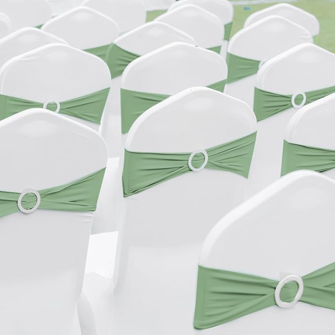 CHENGU 150 Pieces Spandex Stretch Chair Sashes Bows Elastic Chair Cover Bands Ties with Buckle Slider for Wedding Party Reception Events Universal Ceremony Banquet Decorations(Sage Green)