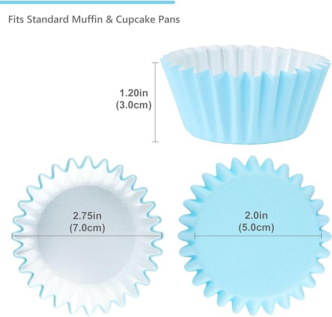 Caperci Grease-Resistant Standard Blue Cupcake Liners 150 Counts - Heavy Duty Paper Muffin Baking Cups, Odorless, No Muffin Pan Needed, Easily Peels (Light Blue)