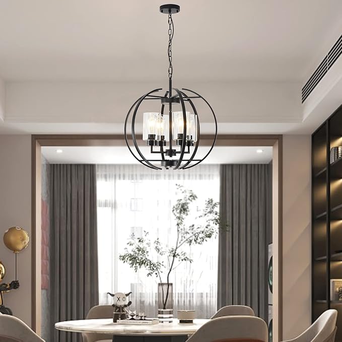 Black Chandelier Lighting with Clear Glass for Dining Room, Farmhouse Hanging Lighting, 4 Lights Globe Ceiling Light Fixture