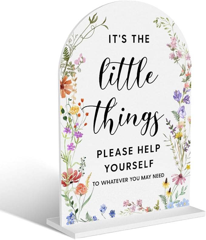 Acrylic Wedding Signs, It's the Little Things Signs for Marriage Reception, Bridal Shower Decorations, Modern Arched Round Top Acrylic Table Top Sign with Holder for Wedding Party (White Wildflowers)