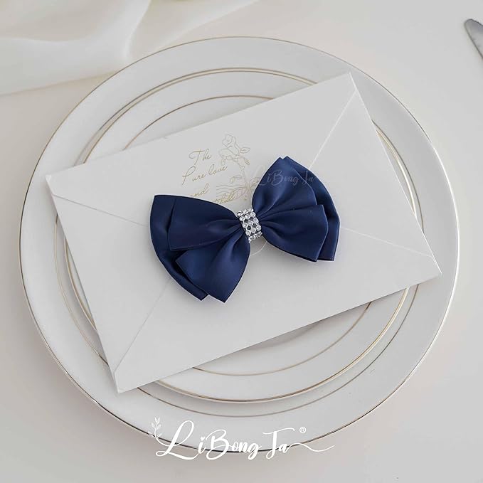 Navy Satin Bows 4'' Premade Blue Ribbon Bow, Gift Bows with Rhinestone, Wrapping Bows for Presents, Greeting Cards, Treat Bags, Wine Bottles, Valentines Bows for Gift Wrapping-12 Counts