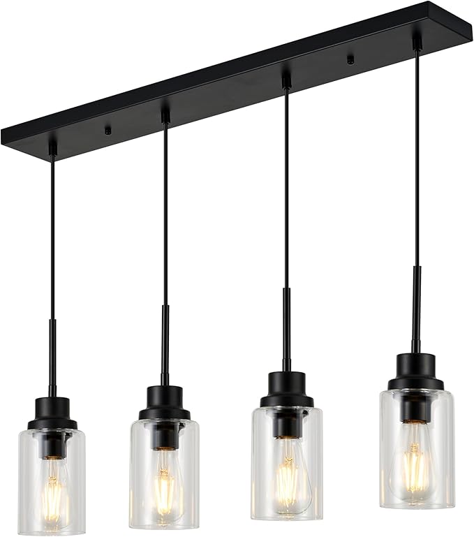 4-Lights Pendant Lighting for Kitchen Island in Black, Ceiling Light Fixtures with Adjustable Hanging Wire & Clear Glass Shades