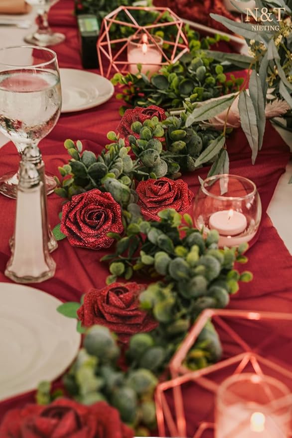 N&T NIETING Artificial Flowers Glowing Red Flowers Foam 25pcs Glitter Roses Real Looking Fake Roses with Stem for DIY Wedding Bouquets Centerpieces Bridal Shower Party Home Decorations