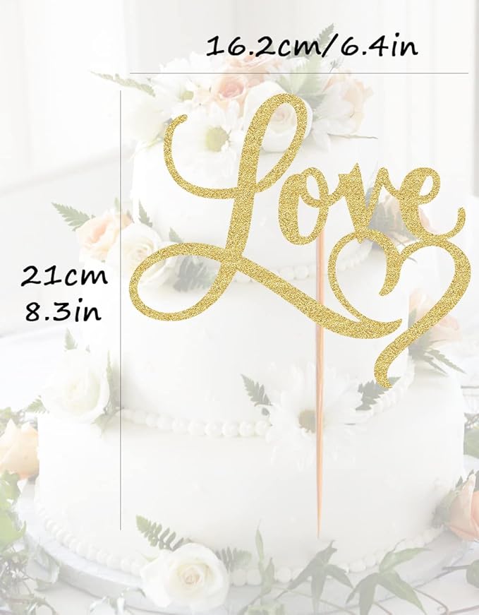 Love Cake Topper - Gold Glitter Paper Wedding Cake Decoration Supplies, Perfect for Bridal Shower/Engagement/Anniversary/Birthday Party