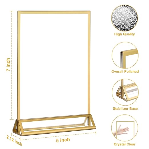 EHWINE 14 Pack 5×7 Clear Acrylic Sign Holder with Gold Borders and Vertical Stand, Double Sided Table Menu Holders Picture Frames for Wedding Table Numbers, Restaurant Signs, Photos and Art Display