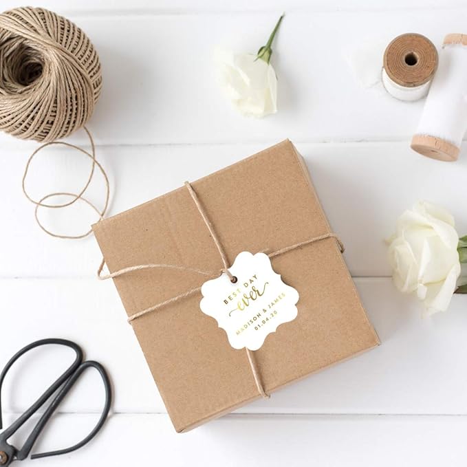 Andaz Press Personalized Fancy Frame Square Wedding Gift Tags, Metallic Gold Ink, Best Day Ever, 24-Pack, Custom Made Any Name, Gold Decor Decorations