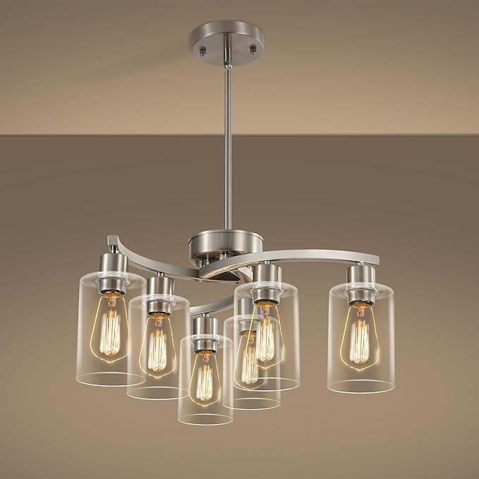 6-Light Brushed Nickel Chandeliers for Dining Room Light Fixtures Over Table, Adjustable Height Hanging Industrial Pendant Lighting for Kitchen Island Bedroom, Clear Glass Shade