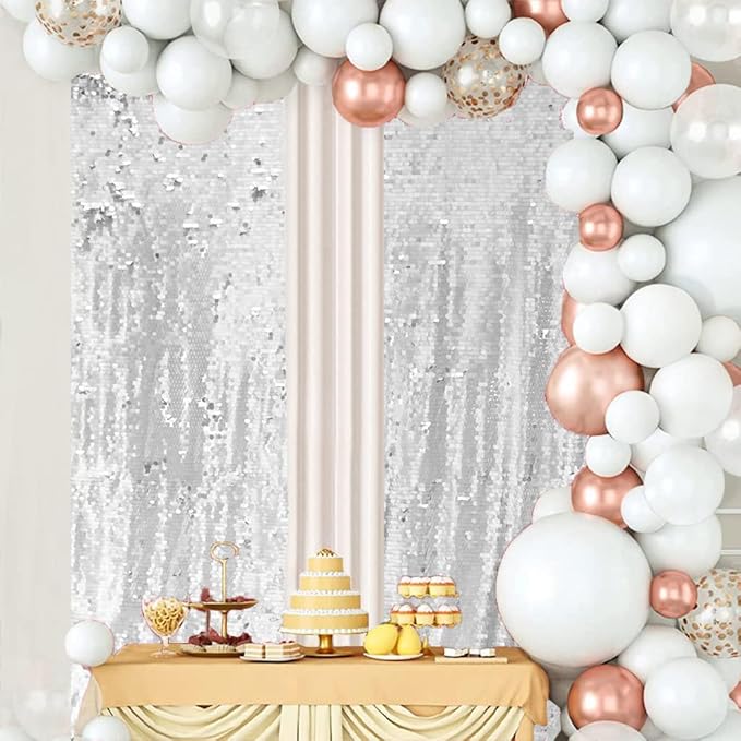 JYFLZQ Silver Payette Sequin Backdrop Curtains 8ft x 8ft 1 Panel Shimmer Wall Backdrop Big Sequin Background Thick Glitter Photo Booth Backdrops for Birthday Christmas Wedding Parties