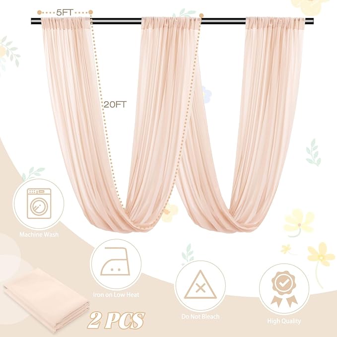Wedding Arch Draping Fabric 5FTx20FT 2 Panels Ceiling Drapes Champagne Party Decorations Chiffon Backdrop Swag Curtains Sheer Fabric Wedding Arch Drapery Ceiling Tent Drape Decor for Altar Stage