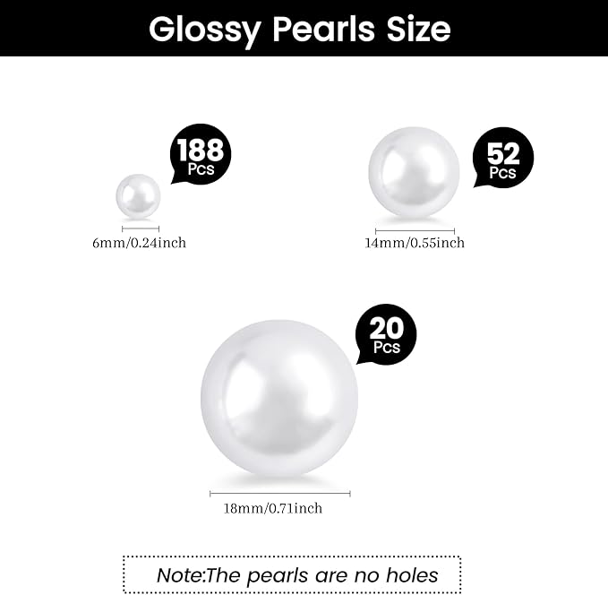 260Pcs White Glossy Beads - 6mm, 14mm, 18mm Round Plastic Pearl Beads for Centerpiece Decor, Wedding, Birthday, Christmas Party, Home Decor