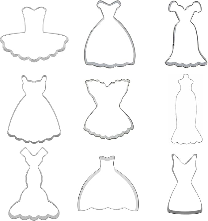 Mini Dress Cookie Cutter Set of 9 pcs, Stainless Steel Mini ONE-BITE SIZE Wedding Dress Shaped Fondant Cutters Baking Molds