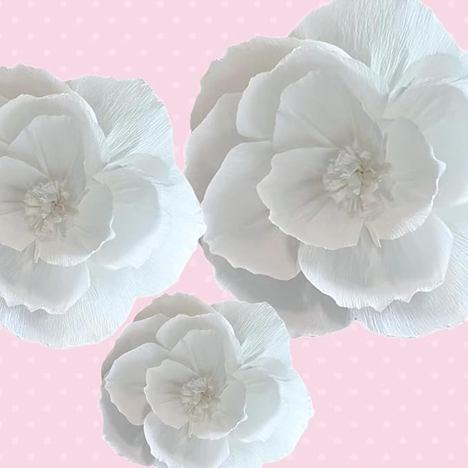 BRT Bearingshui Crepe Paper Flowers Decoration for Wall Total 9 Pcs, Artificial Flowers for Wedding Decor,Flower Backdrop Decor, Baby Bridal Shower Birthday Party, White 3D Wall Flowers Decor