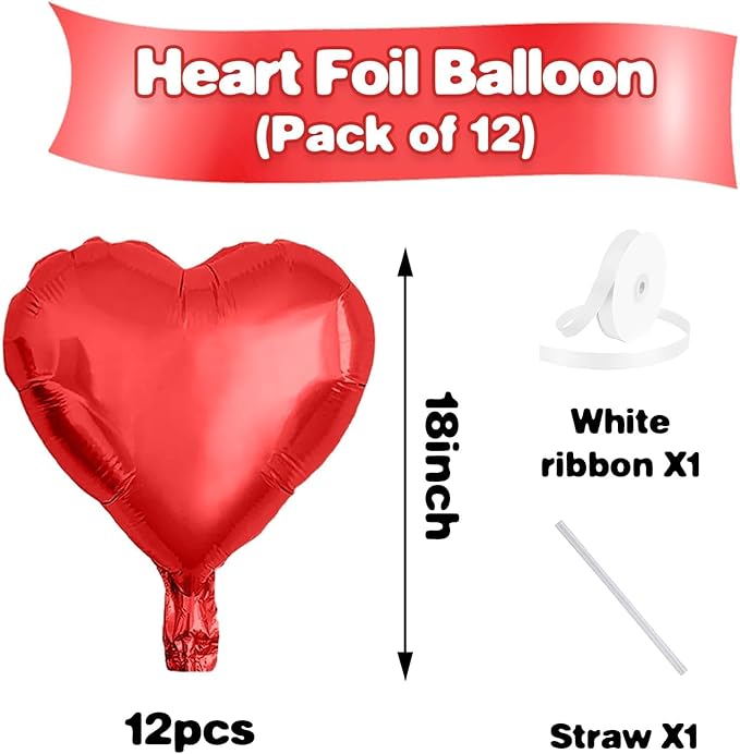 Red Heart Balloons,12Pcs 18 Inch Red Foil Love Heart Shaped Balloons for Girl Valentines Day Birthday Wedding Engagement Anniversary Party Celebration Baby Shower Decorations