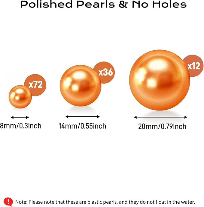120 PCS 8/14/20mm No Hole Polish Pearl Beads for Centerpiece, Orange Beads Decorative Vase Fillers, Plastics Pearls for Vases, Table Scatters, Wedding Party Decor