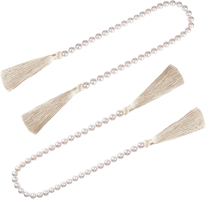 Fenghuangwu 34 Inch Glass Bead Garland with Tassels - Elegant Boho Table Decor, Fringe Wall Hanging for Wedding, Party, Farmhouse Rustic Prayer Bead Home Decoration(2 Pack,Off White)