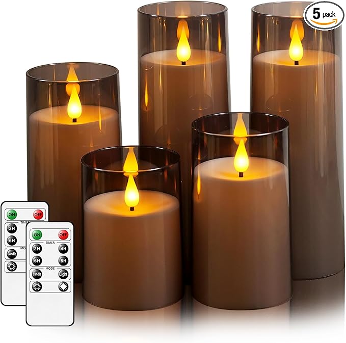 Fo32won Grey LED Flameless Pillar Candles Battery Operated with Remote and Timer, Set of 5 (D 3"×H 4" 5" 6" 8" 8") Decorative Plexiglass Flickering Candles with 3D Flame