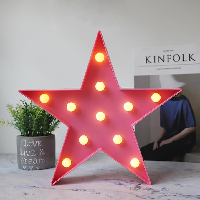 LED Marquee Star Sign Night Light, Battery Operated Star Shaped Desk Table Lamp for Kids, Baby, Child, Girl Gift, Nursery Room, Wall Decor (Pink)