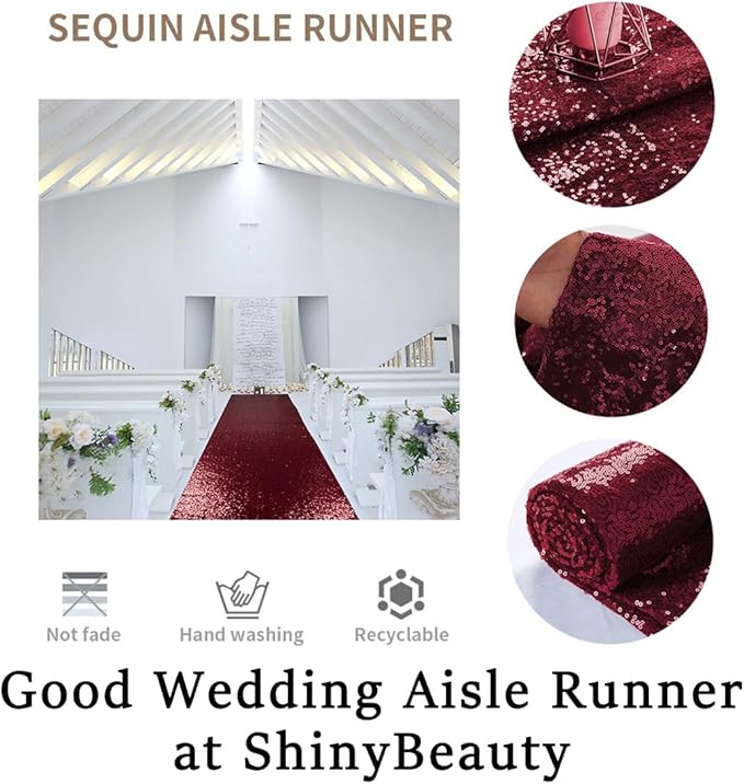 ShinyBeauty Sequin Aisle Runner for Weddings - 2FTx15FT Burgundy Glitter Carpet, Backing & Reusable Decor for Ceremony, Receptions, Events (Wine Red)