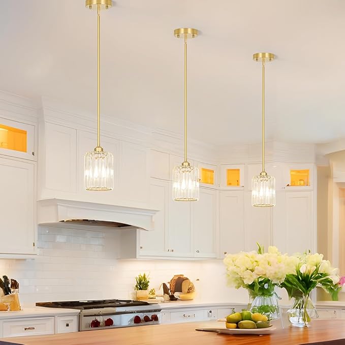 Gold Kitchen Pendant Lights Over Island with Adjustable Rods - Crystal Pendant Lighting Fixtures for Sloped Ceiling, Ideal Over Dining Table or Bar, E26 Bulb Compatible, No Electrician Needed