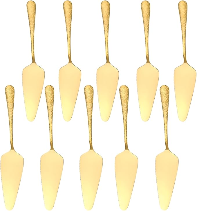 Stainless Steel Cake Server Pack of 10 Hammered Pie Holder Transfer Triangular Spade Spatula Serrated Edge for Pizza Cake Baking Safe in Dishwasher (Gold)
