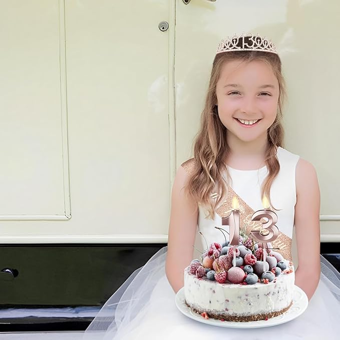 13th Birthday Decorations for Girls, Including Sash, Crown/Tiara, Candles and Cake Topper, Rose Gold Teen Girl Gifts for 13 Year Old Birthday Decorations
