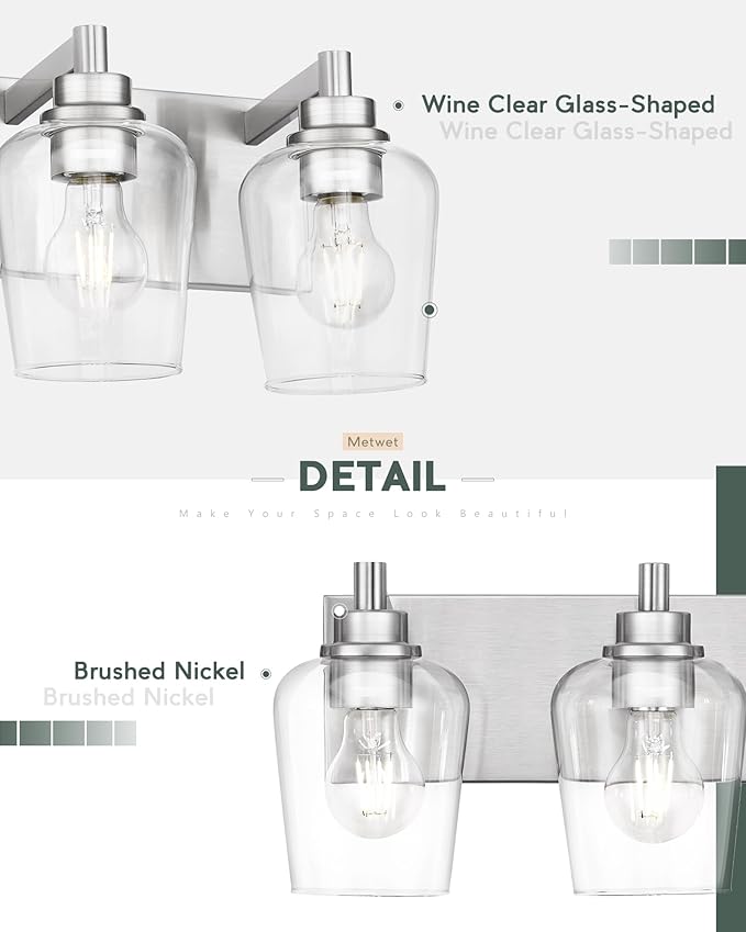 Bathroom Light Fixtures, 3-Light Modern Vanity Light with Clear Glass Wine Glass-Shaped Shade, Vanity Lighting Fixtures Over Mirror, Brushed Nickel, VL155-BN-3