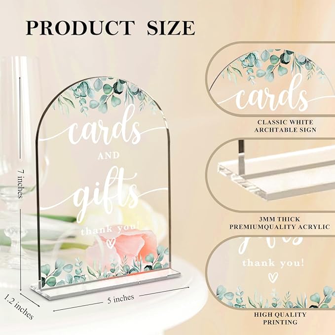 4 Pcs Acrylic Wedding Signs for Reception, Bridal Shower Decorations, Cards and Gifts Signs, Guest Book Sign, Arch Acrylic Table Top Sign with Holder for Wedding Reception (Clear Eucalyptus Leaves)