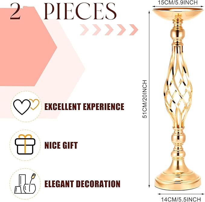 LANLONG 2pcs Metal Gold Candle Holders Road Lead Table Centerpiece Stand Pillar Candlestick for Wedding Candelabra Flowers Vases