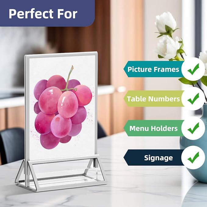 Clear Acrylic Sign Holder 4X6 with Silver Borders Display Stand, Double Sided Acrylic Picture Frames Plastic Sign Holder for Wedding Table Numbers Menu Holder (6 Pack)
