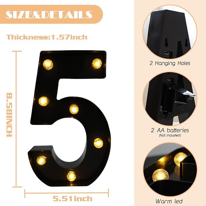 LED Marquee Numbers, 8.58 Inch Led Light Up Numbers for Party, Small Light Up Letters, Battery Powered Lighted Number for Table, Birthday, Night Light, Christmas or Home Decor (Black, Number 5)
