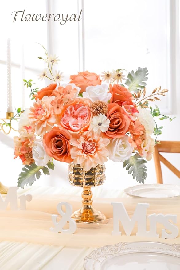 Floweroyal Artificial Flowers Combo Champagne Flowers Mix Silk Flowers Dahlia Roses with Stems for DIY Wedding Bridal Bouquets, Baby Shower, Floral Arrangement, Table Centerpieces, Home Decorations.