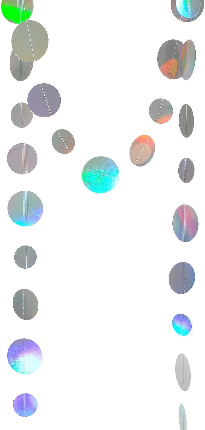 Holographic Paper Garland Shiny Iridescent Circle Dots Party Streamer Banner Backdrop Hanging Decorations, 20 Feet in Total