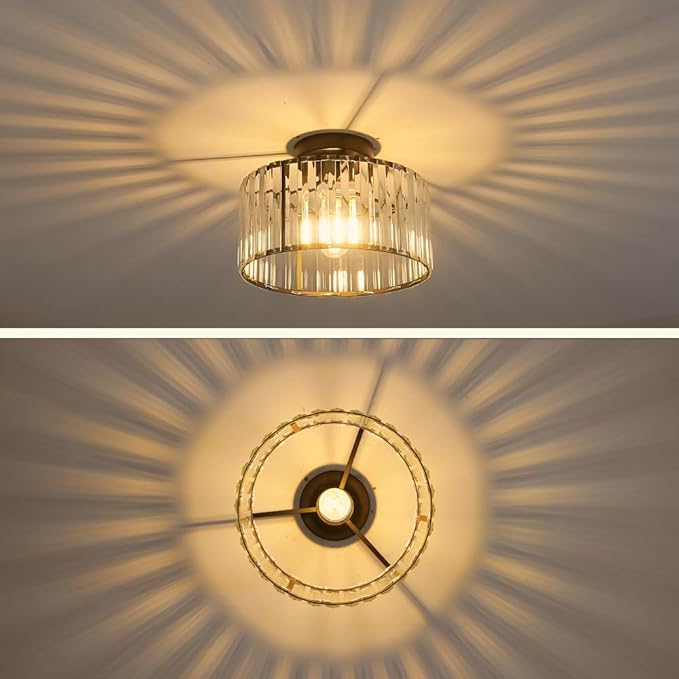 Crystal Ceiling Light Fixture, Modern Semi Flush Mount Ceiling Light, Black Close To Ceiling Light Fixtures, Crystal Chandelier Entryway Light, 11in Chandelier for Bedroom Porch Kitchen Living Room