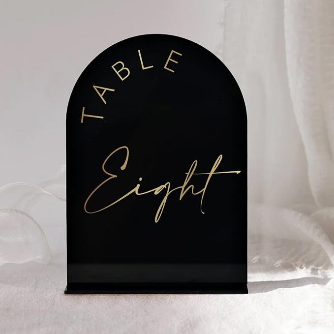 Black Arch Wedding Table Numbers 1-30 with Stands, 5x7 Inch Arch Acrylic Sign Black and Gold Lettering, Arch Acrylic Table Numbers for Wedding Reception