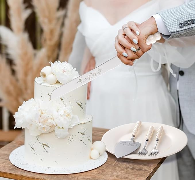 Wedding Cake Knife and Server Set, Ceramic Pearl Handle Cake Cutting Set for Wedding Gifts Bridal Shower Gifts Engagement Gifts for Couples