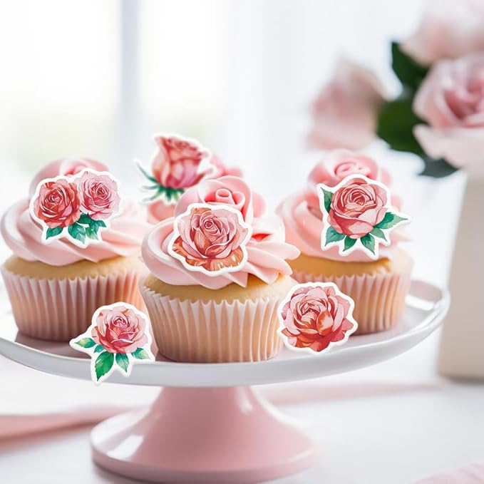 48PCS Edible Rose Flower Cupcake Toppers Wafer Paper Roses Decorations Flower Birthday Party Decorations Rose Cake Toppers for Wedding Engagement Birthday Party Cake Decor Supplies (Pink)