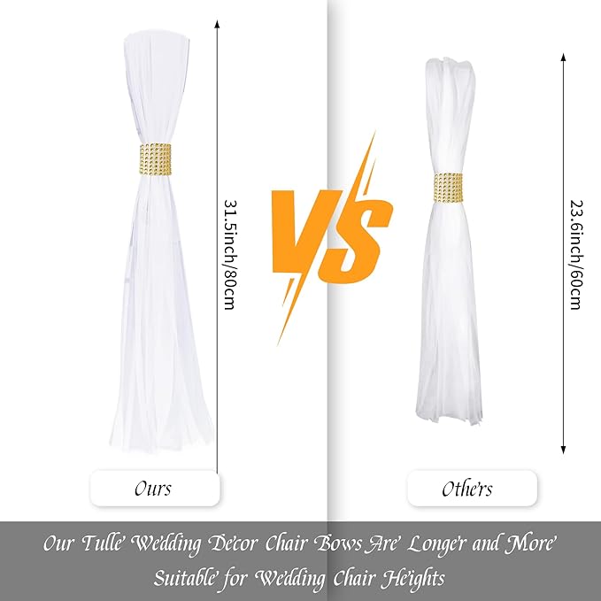 Large White Pew Bows Tulle Wedding Aisle Chair Decorations, Extended Church Pew Decor Aisle Flowers Runner for Weddings Ceremony Outside Decorations (38, Gold Wrap)