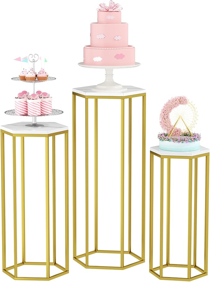 Urban Deco Cylinder Stands for Party, Set of 3 Gold Metal Hexagon Cake Pedestal Stand with Marbled Countertop, Flower Plant Pedestal Stands for Display Parties Wedding Birthday Decor, 3PCS, Gold