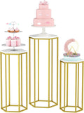 Urban Deco Cylinder Stands for Party, Set of 3 Gold Metal Hexagon Cake Pedestal Stand with Marbled Countertop, Flower Plant Pedestal Stands for Display Parties Wedding Birthday Decor, 3PCS, Gold