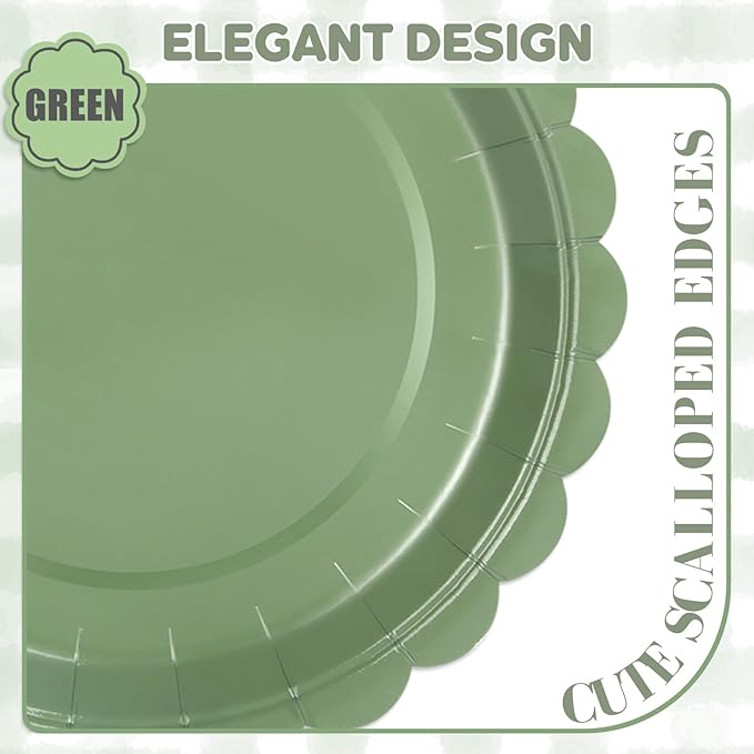 48 Pcs Sage Green Paper Plates 9 Inch Scalloped Dessert Plates - Disposable Sage Green Cake Plate - Baby Shower Birthday Party Wedding Bridal Party Supplies