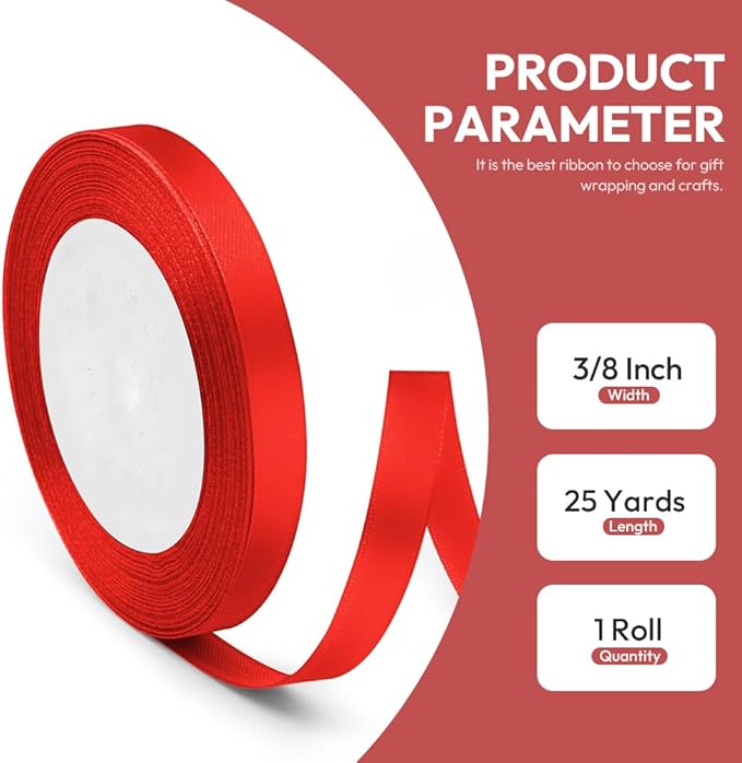 3/8" x 25 Yards Satin Ribbon, Red Silk Ribbon Ideal for Gift Wrapping, Floral Bouquets, Crafts, Wedding Party Decorations, Christmas and Sewing Projects