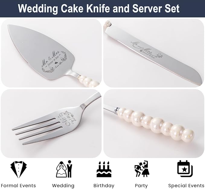 Wedding Cake Knife and Server Set, Ceramic Pearl Handle Cake Cutting Set for Wedding Gifts Bridal Shower Gifts Engagement Gifts for Couples