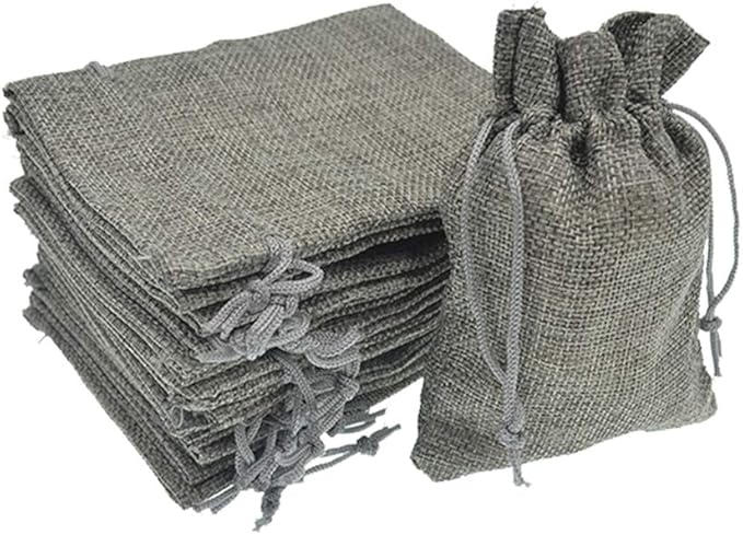 20pcs Burlap Bags with Drawstring, 2.7x3.5 Inch Jute Jewelry Gift Bags Bulk for Christmas Wedding Party Favors Treat Pouches (Gray)