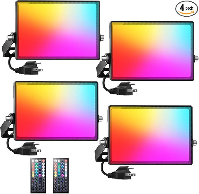 Onforu LED Flood Light Outdoor 500W Equiv, Color Changing RGBW 2700K Floodlight with Remote, Stage Lighting Uplights for Events, IP66 Uplighting Outdoor Spotlight Floor Light for Halloween 4 Pack