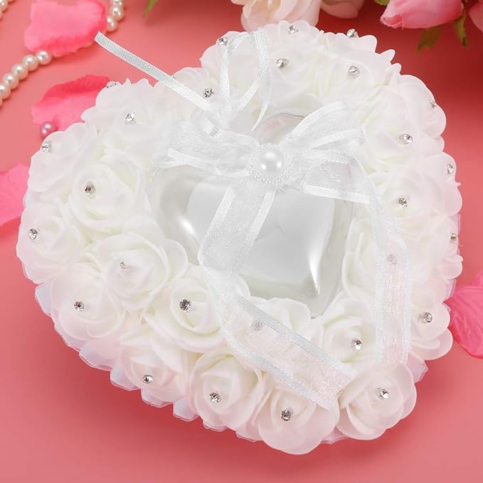 Hilitand Wedding Ring Cushion Pillow Romantic Heart Shaped Wedding Ring Box Rose Rhinestone Decorative Jewellery Boxes(White)