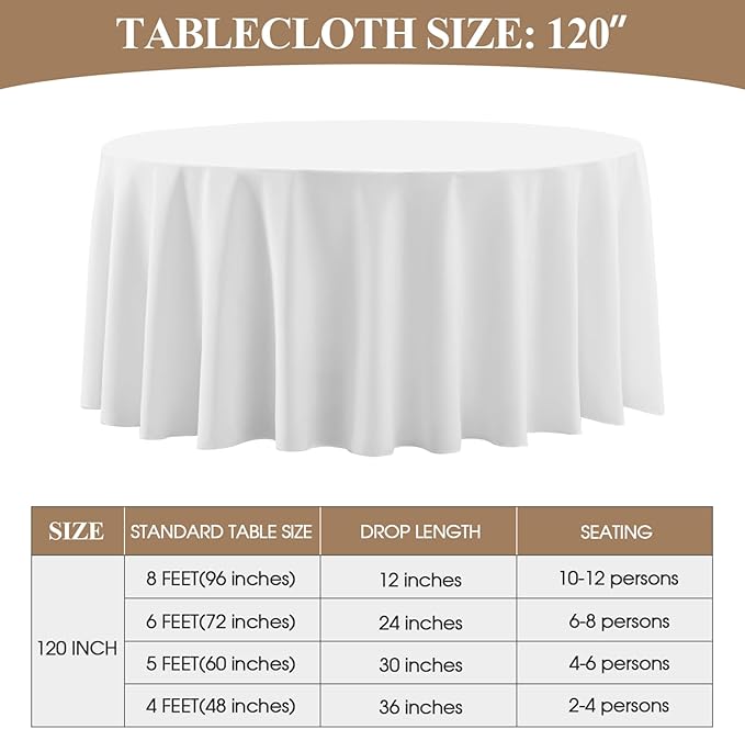 Round Tablecloth 120 Inch 8 Pack White Tablecloths Washable Decorative Linen Polyester Table Clothes Cover for Dining Table Banquets Buffet Parties and Wedding