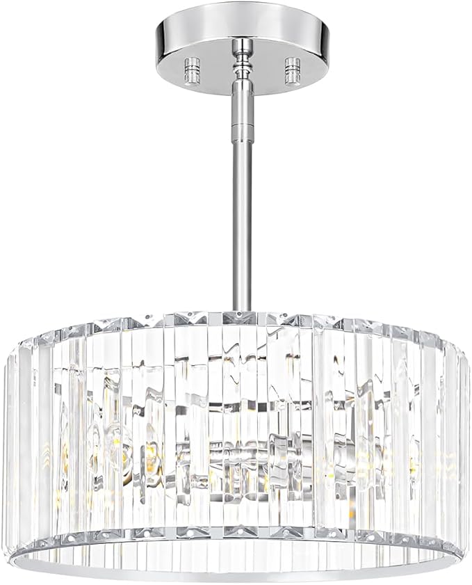 Modern Crystal Chandelier for Dining Room, Chrome Semi Flush Mount Ceiling Light Fixtures, Round Kitchen Hanging Drum Pendant Lights Ceiling, 12” Crystal Pendant Lighting for Foyer Bedroom Living Room